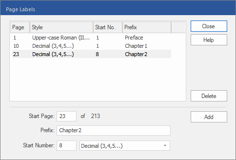 dialog - page labels