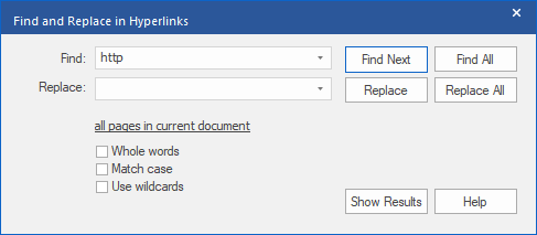 dialog - find  replace hyperlinks - page rang
