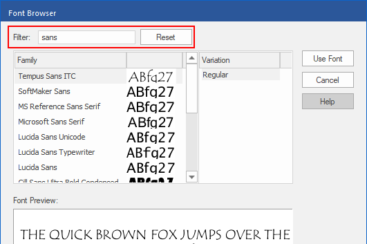 dialog - font browser - filter