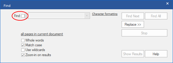 dialog - find  replace - pro - no text