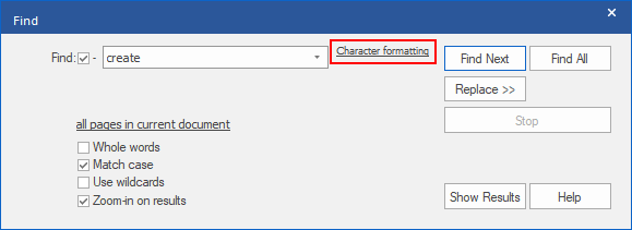 dialog - find  replace - pro - formatting